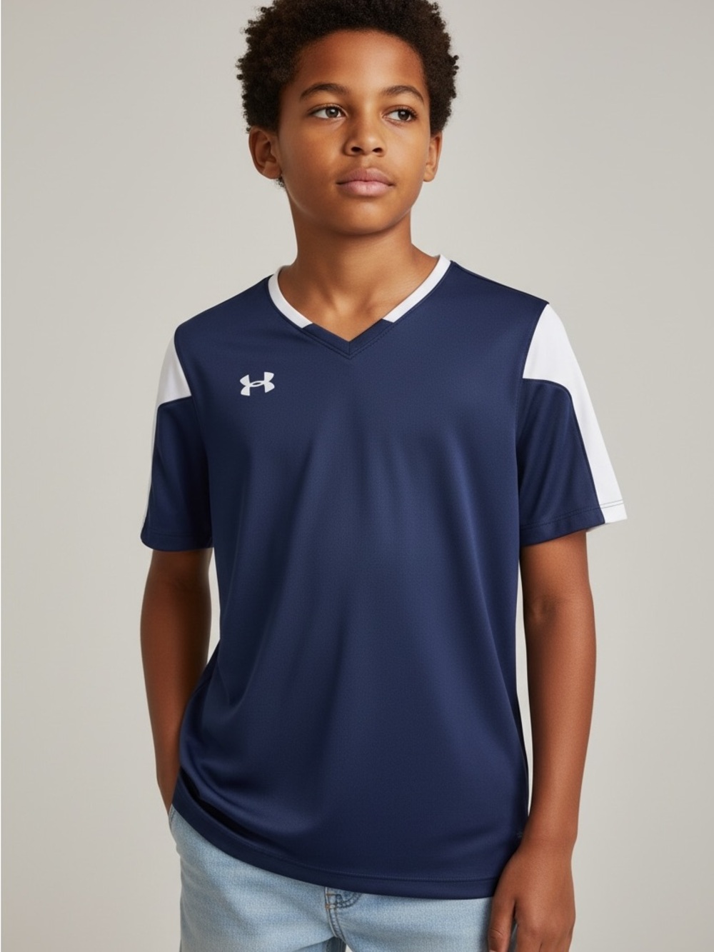 Under Armour Navy and White Boys' V-Neck Athletic Jersey•XL